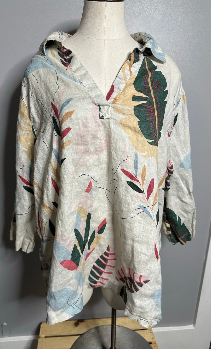 Cynthia Rowley 100% Linen Tropical Leaf Print Popover Tunic Blouse 1X